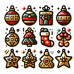 Christmas ornaments collection, festive mood, colorful illustration, arranged in a grid