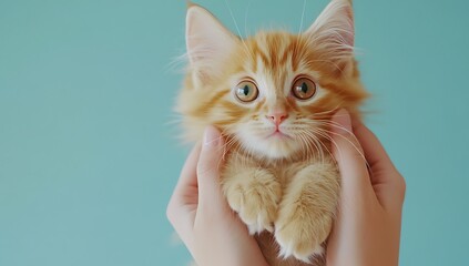 Orange kitten held by hands holding