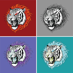 Set of mythical roaring white tiger head illustrations with elemental flames, vector design for t-shirt and mascot logo