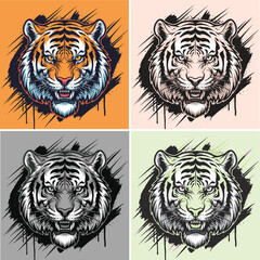 Set of fierce tiger head illustrations with street art style background, vector design for t-shirt prints and apparel