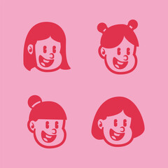 Cartoon vector of four angry girl faces with different hairstyles in bold red on pink background. Fun and expressive character set for branding, emoji, or mascot use. EPS file