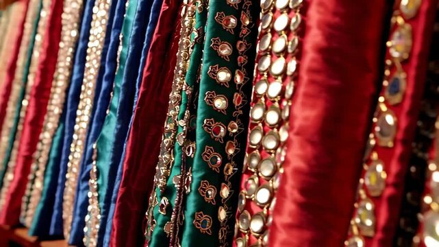 Colorful indian sari fabrics decorated with embroidery and mirrors hanging in a textile shop