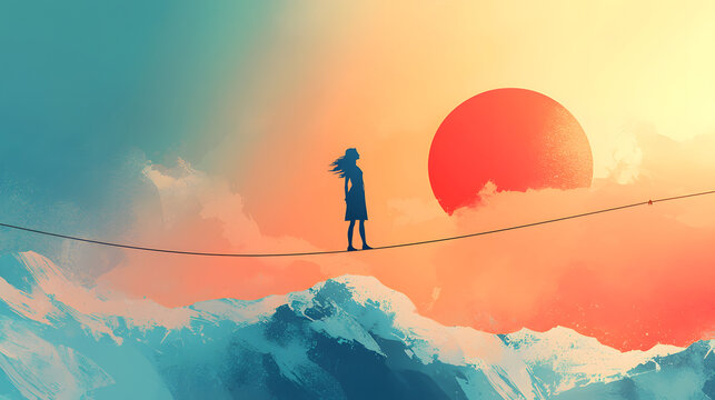 person balancing on a tightrope, illustrating the concept of mental balance, risk