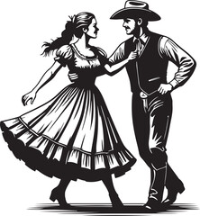 Country western couple dancing together in black and white silhouette art illustration