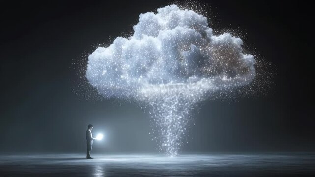 A figure stands in awe, engaging with a luminous cloud of data and creativity. This enchanting display merges technology and artistry in a twilight ambiance, igniting inspiration.
