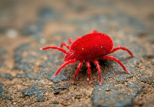 red crab on the beach, Stunning Macro Shot of a Red Velvet Mite on Rocky Ground