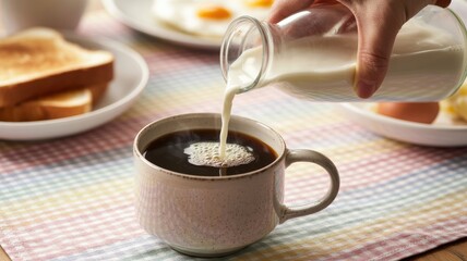 Pouring cream into coffee on a checkered breakfast table setting