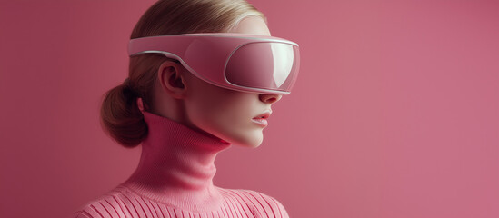 Woman Wearing Pink VR Headset. Virtual Reality, Augmented Reality, Technology. Room for Copy.