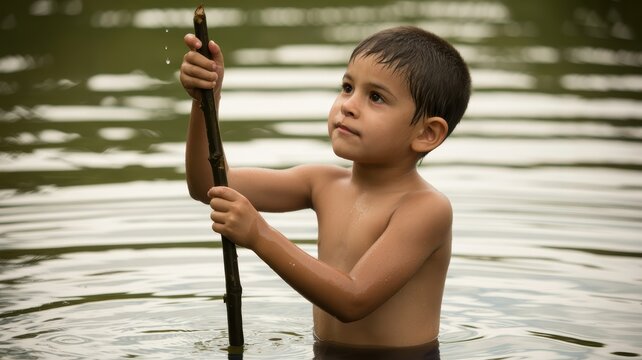 Young hispanic boy playing with stick in calm water - Powered by Adobe