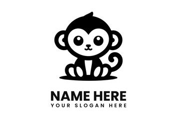 A simple, stylized black and white graphic of a cute monkey sitting down.