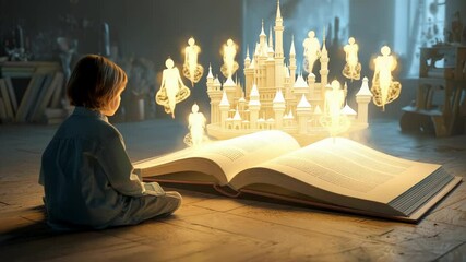 Caught in the magic of twilight, a child sits mesmerized by a glowing castle emerging from the pages of a mystical book. Dreams unfold in the ethereal light of creativity and wonder. - Powered by Adobe