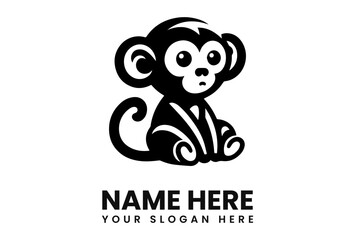 A stylized black and white illustration of a cute monkey sitting.