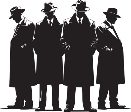 Silhouette illustration of four men in trench coats and hats with a classic retro style