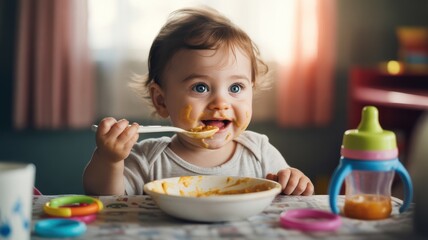 Smiling caucasian baby enjoying messy meal with spoon in high chair