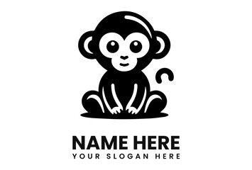 A stylized, black and white illustration of a cute cartoon monkey.