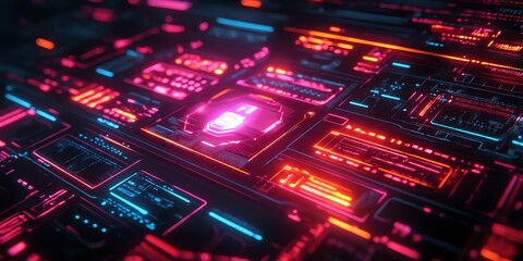 Fototapeta premium Futuristic Digital Circuit Board with Neon Glowing Elements in Dark Setting