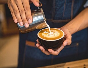 Milk being poured into coffee - Barista making coffee art