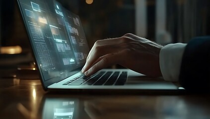 Person typing on laptop displaying code hand screen