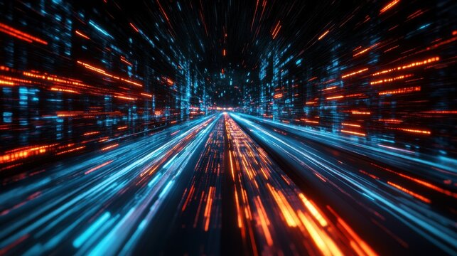 A vibrant cityscape with colorful light trails, neon-lit skyscrapers, and a dynamic sense of motion