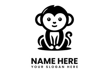 A stylized, black and white illustration of a seated monkey with a cute, smiling face and curled tail.