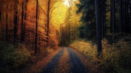 Obraz premium Hyper-realistic autumn forest scene showing a split path—one side sunlit and vibrant, the other dark and overgrown—symbolizing emotional duality, internal conflict, and mental health decision-making