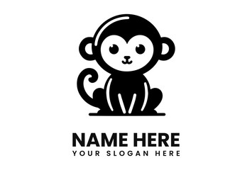 A stylized black and white cartoon monkey sitting, with text below for branding.