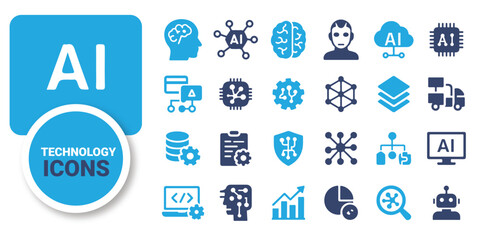 AI Technology Icons – Vector Set of Artificial Intelligence, Neural Network, Machine Learning Symbols