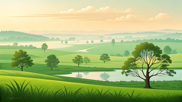 Verdant rolling hills with a serene waterway under a soft sky landscape green