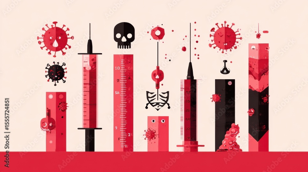Poster creative graphics display various vaccine syringes alongside symbols of misinformation about immuniz