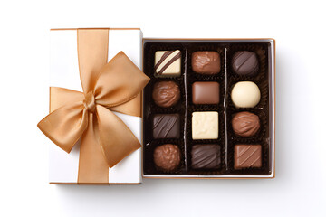 Open chocolate box with satin ribbon, top view. Assorted gourmet chocolates arranged in an open gift box with decorative ribbon. Elegant top-down view for festive, romantic, or holiday content.
