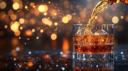 Amber liquid pours into rocks glass, bokeh background