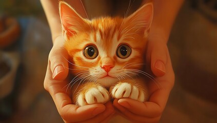 Tiny ginger kitten held in gentle hands orange paws