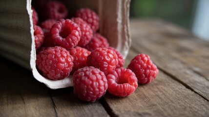 Fresh red raspberries spilling from carton onto rustic wooden table