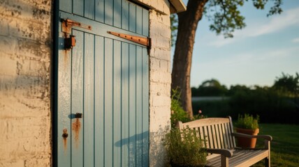 Rustic blue door on brick shed with wooden bench in sunlit garden