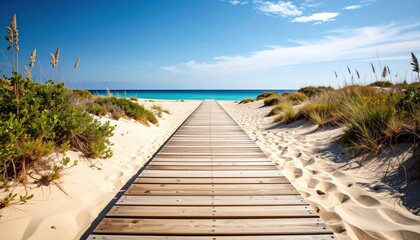 Long narrow wooden path through sandy dunes leading to turquoise ocean. 