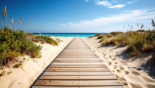 Long narrow wooden path through sandy dunes leading to turquoise ocean. 