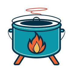 Teal camping pot with flame and red steam rings illustration