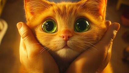 Adorable orange feline with large green eyes held gently by human hands ginger