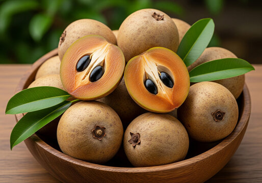 Fresh sapodilla fruits in wooden bowl with green leaves