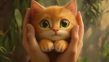 Adorable orange kitten held gently by human hands holding