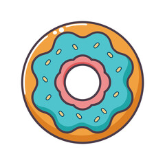 A colorful donut with teal icing and pink filling
