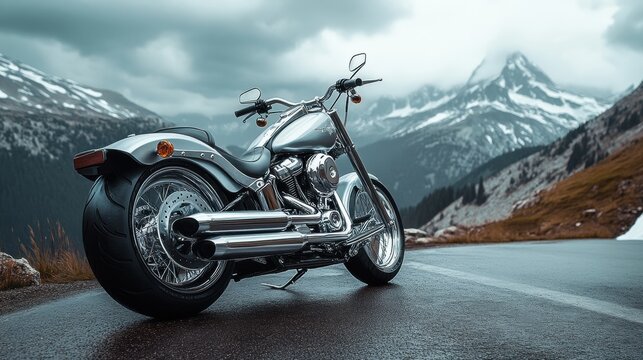 A beautiful vintage harley davidson chooper bike on the road with view of a beautilful mountains.