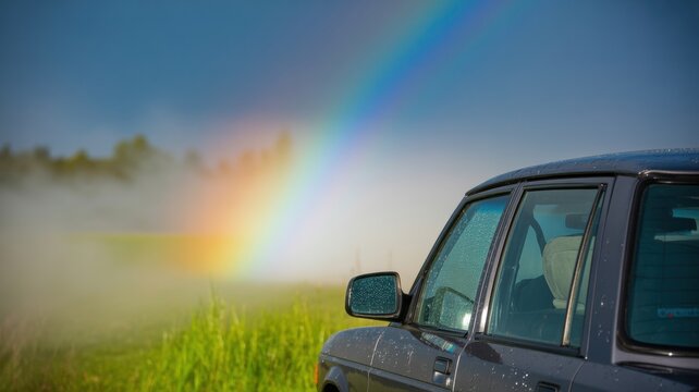 Fototapeta Vintage car parked by lush field under rainbow in misty weather