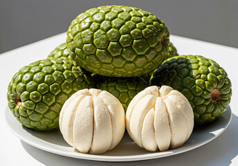 Fototapeta premium Freshly peeled pandanus fruit with whole green fruits on a plate