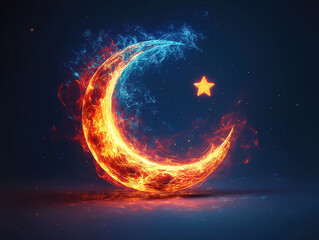 Obraz premium Crescent moon and star shining through abstract light painting