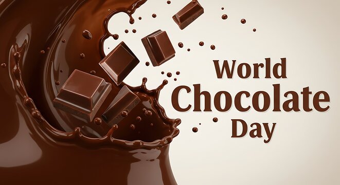 A dynamic splash of rich, dark chocolate with falling chocolate pieces against a light beige background, ideal for world chocolate day - Powered by Adobe