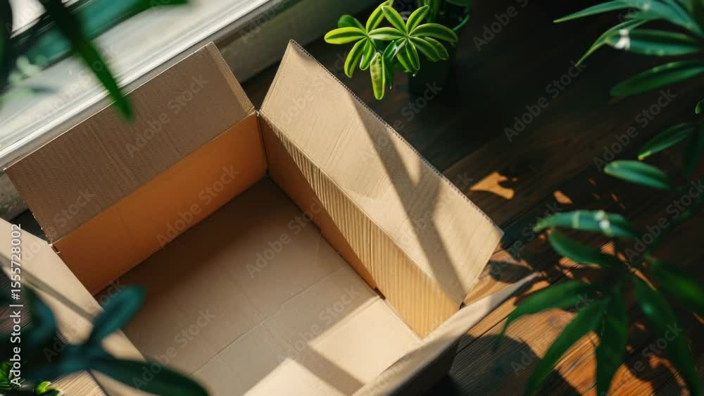 Poster a cardboard box sits on a wooden floor, waiting for use or disposal