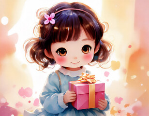 プレゼントを持つボブヘアの幼い女の子のイラスト。生成Ai画像。