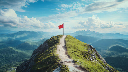 Road going to flag on mountain top, Business goals achievement concept