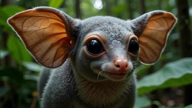Observe a Malayan colugo in rainforest light, featuring wide-set eyes, soft fur texture, pointed snout, and the stretched gliding membrane near its cheeks.